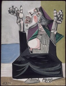 Pablo Picasso, La suppliante, 18 décembre 1937. Gouache sur bois, 24 x 18,5 cm. Dation, 1979, MP168. © Succession Picasso 2013. Cliché : RMN-Grand Palais / Jean-Gilles B