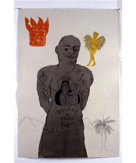 Marie-Hélène Cauvin Bullet Proof Vest 2007 encre, fusain, aquarelle, linotype sur papier 112 x 76 cm Montréal, collection de l’artiste Photo Paul Litherland