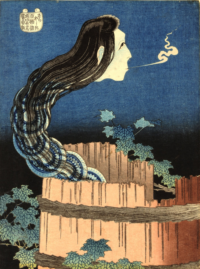 « Manoir aux assiettes » Série : Cent contes de fantômes Hyaku Monogatari Sarayashiki Ère Tempō, vers l’an II ou III (vers 1831-1832) Estampe nishiki-e, format chūban 25,5 × 19 cm Signature : Saki no Hokusai hitsu Éditeur : Tsuru-ya Kiemon Hambourg, Museum für Kunst und Gewerbe © Museum für Kunst und Gewerbe, Hambourg Cette oeuvre est présentée dans le volet A du 1er octobre au 20 novembre