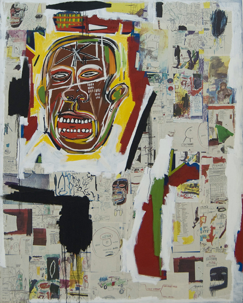 Jean-Michel Basquiat King of the Zulus 1984-1985 acrylique sur toile, pastels gras et photocopies sur papiers collés 208 x 173 cm © Marseille, musée d’Art contemporain / Photo V. Ecochard / Adagp, Paris, 2014